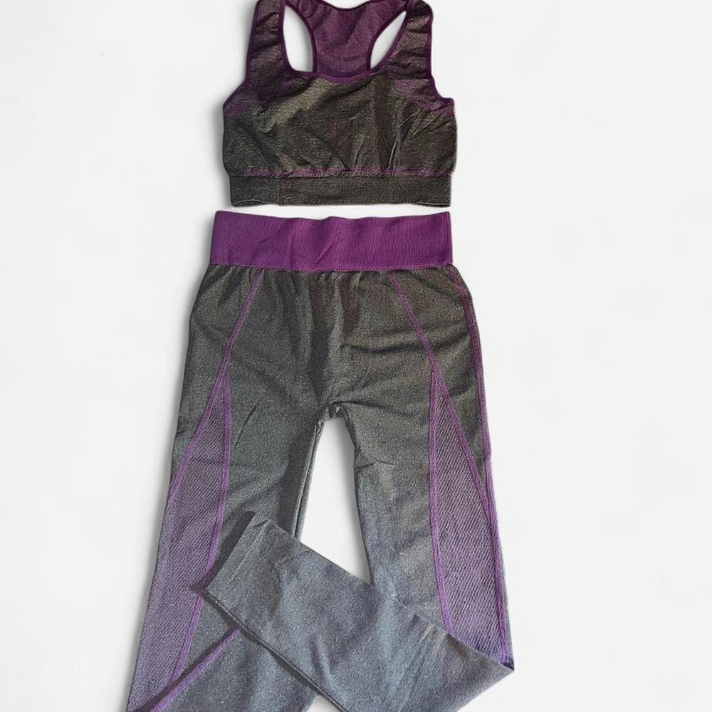 Blue Star Bright Purple Charcoal Leggings Sports Bra Set - Size L/XL